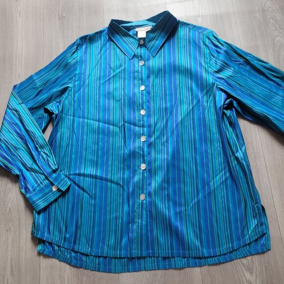 Coldwater Creek Womens Blue & Green Striped 100% Silk Long Sleeve Button-Up Shir - Picture 2 of 4